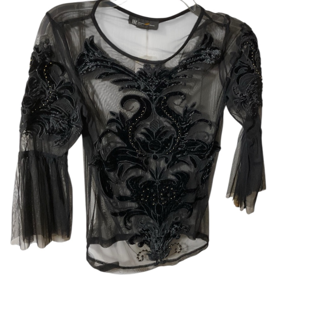 INC Black Mesh Velvet Appliqué See Through Top Blouse. Petite,Vintage,Y2K, Goth - Picture 6 of 15